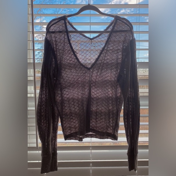 Free People Dream Girl Storm Gray Balloon Sleeve Lace Knit Top size Large - Picture 12 of 12